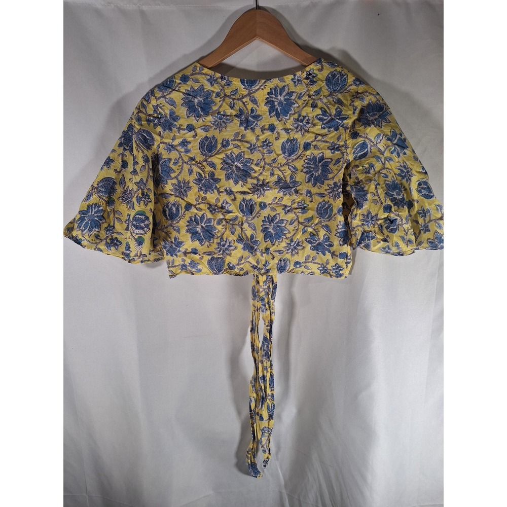 Beyond Haute Yellow Blue Floral Print Tie Front Cropped‎ Blouse Top Women's Sz S - Picture 3 of 3